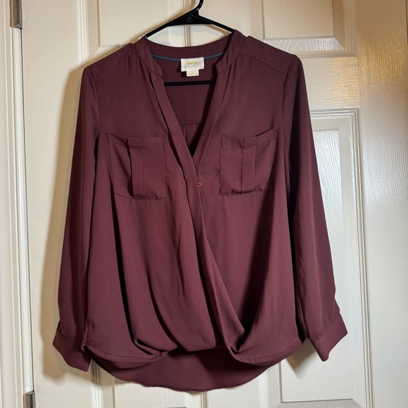 Maeve ANTHRO Eva burgundy faux wrap top 2 Petite - Picture 2 of 6